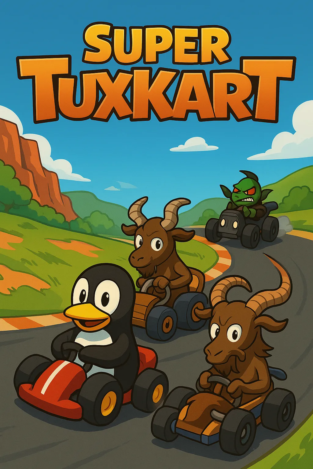 SuperTuxKart 1.4 cover art: Tux and his friends competing